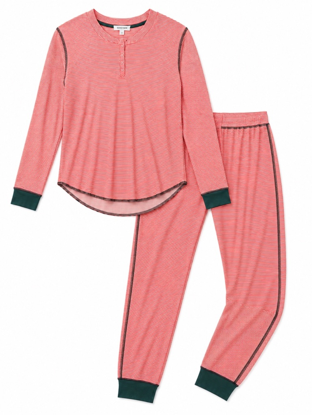 New - Honeydew Intimates Muted Red & White Striped Henley with Green Cuffs
